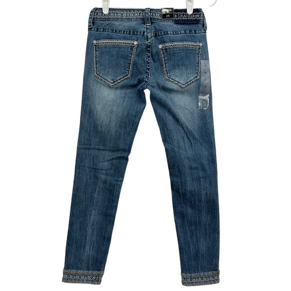 NWT GRACE in LA Women Embroidered Skinny Low Rise Stretch Blue Denim Jeans Sz 25 - Picture 2 of 12
